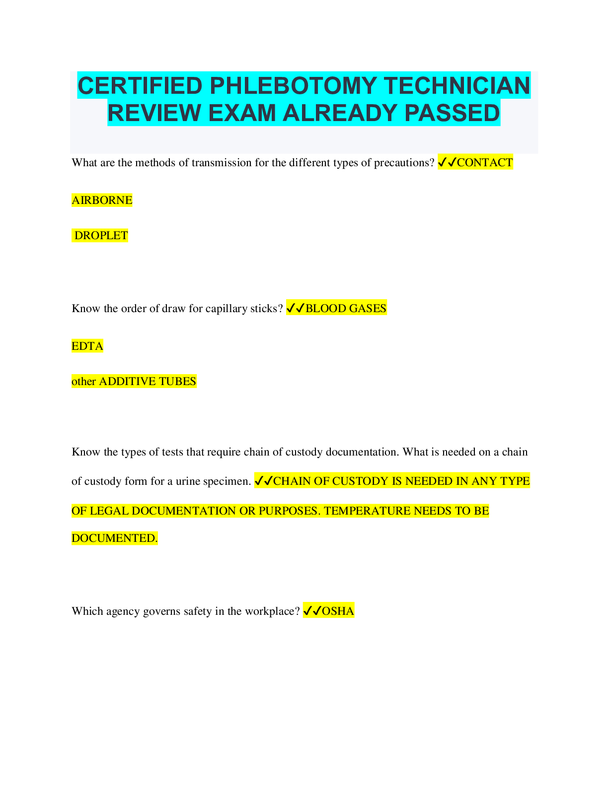 Preview of CERTIFIED PHLEBOTOMY TECHNICIAN REVIEW EXAM ALREADY PASSED